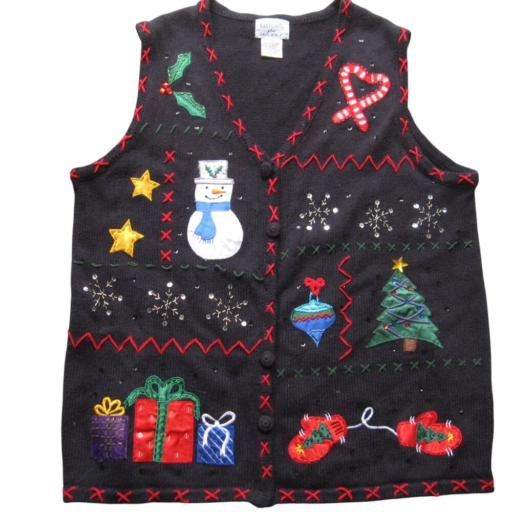 Vintage Ugly Christmas Vest Womens Size 1X Black Cotton Blend • Snowman Sequins